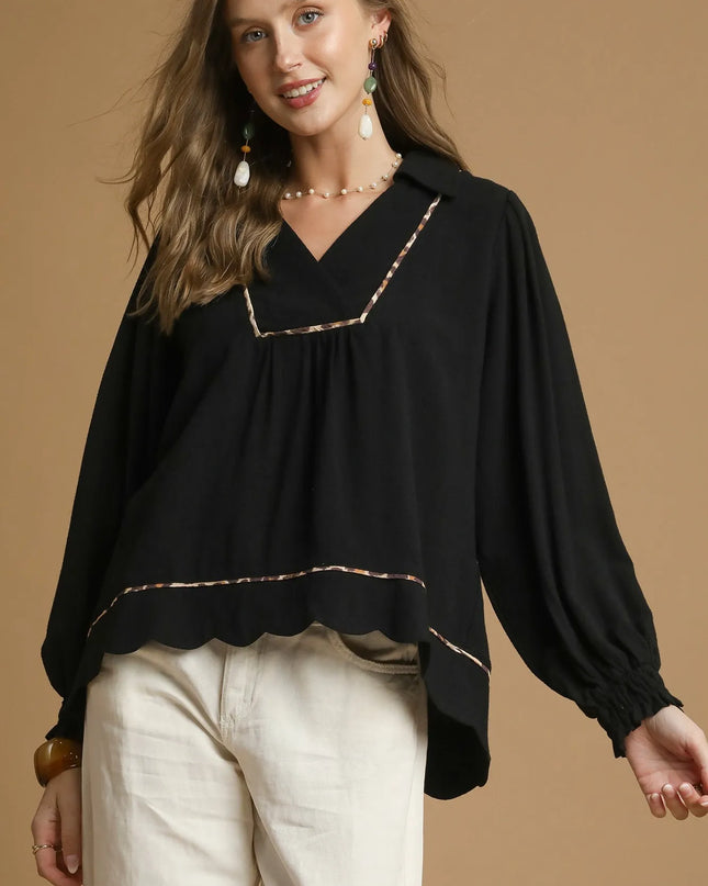 Umgee Full Size Linen Scallop Hem Blouse with Contrast Trim Plus Size - Sleekdenim.com