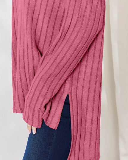 Basic Bae Full Size Ribbed Half Button Long Sleeve High-Low T-Shirt - Sleekdenim.com