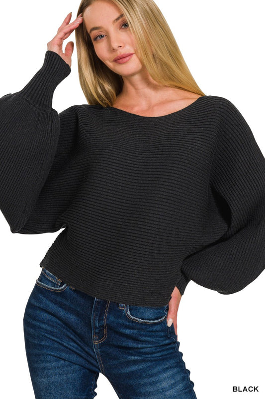 Zenana Boat Neck Balloon Sleeve Sweater