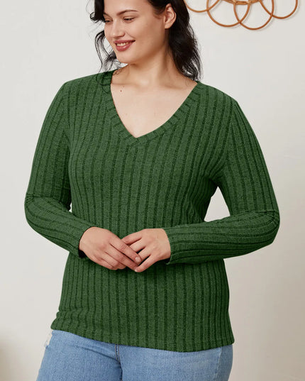 Basic Bae Full Size Ribbed V-Neck Long Sleeve T-Shirt - Sleekdenim.com