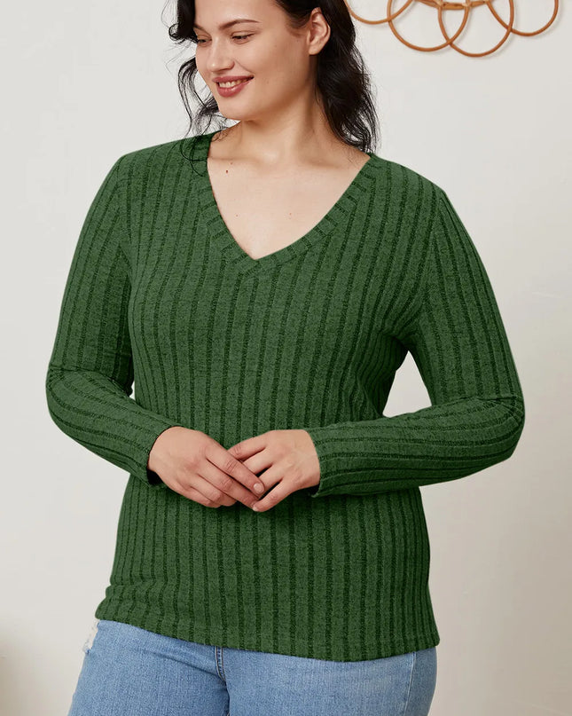 Basic Bae Full Size Ribbed V-Neck Long Sleeve T-Shirt - Sleekdenim.com