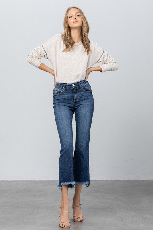 FRAY WAISTBAND DETAIL CROP BOOT CUT JEANS - Sleekdenim.com