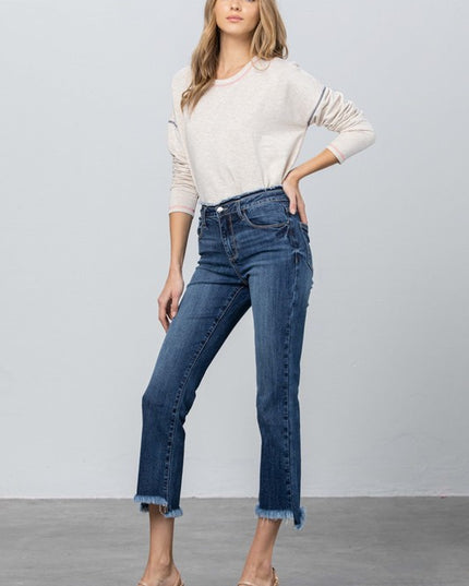 FRAY WAISTBAND DETAIL CROP BOOT CUT JEANS - Sleekdenim.com