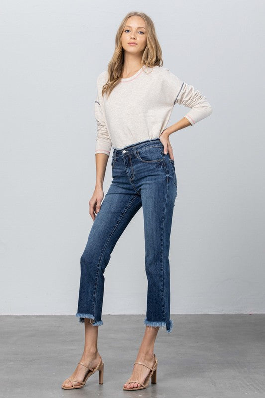 FRAY WAISTBAND DETAIL CROP BOOT CUT JEANS - Sleekdenim.com