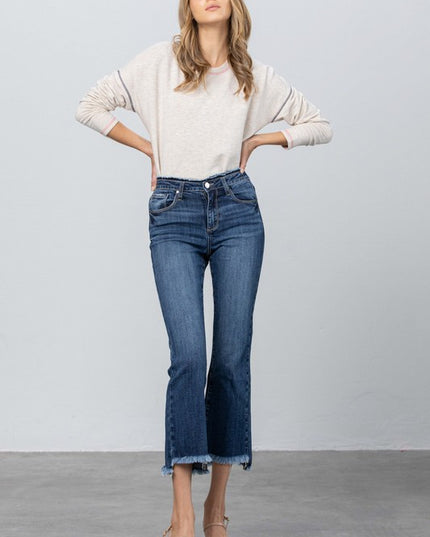 FRAY WAISTBAND DETAIL CROP BOOT CUT JEANS - Sleekdenim.com
