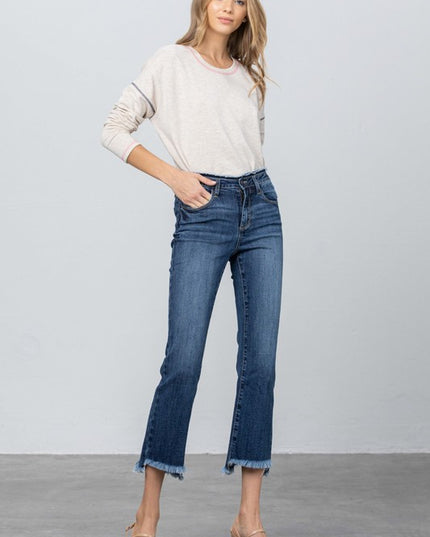 FRAY WAISTBAND DETAIL CROP BOOT CUT JEANS - Sleekdenim.com