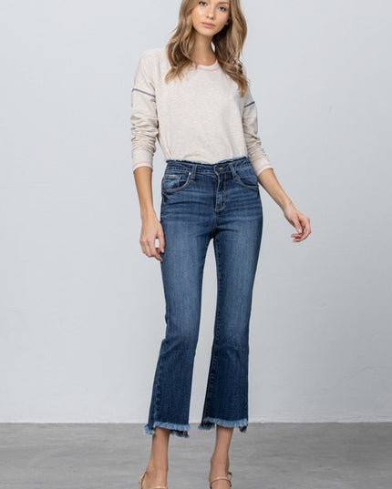 FRAY WAISTBAND DETAIL CROP BOOT CUT JEANS - Sleekdenim.com