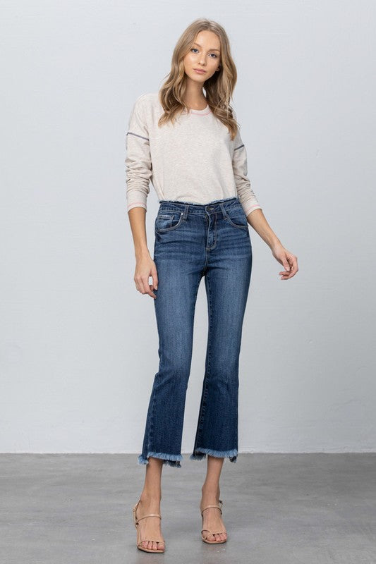 FRAY WAISTBAND DETAIL CROP BOOT CUT JEANS - Sleekdenim.com