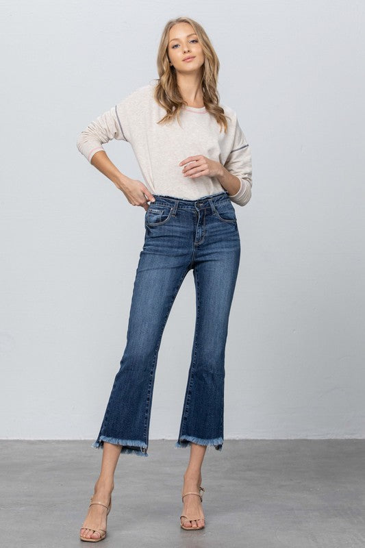 FRAY WAISTBAND DETAIL CROP BOOT CUT JEANS - Sleekdenim.com