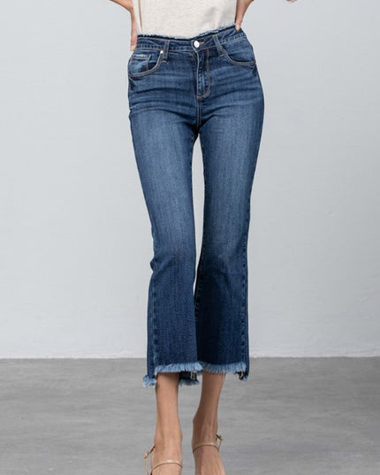 FRAY WAISTBAND DETAIL CROP BOOT CUT JEANS - Sleekdenim.com