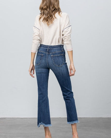 FRAY WAISTBAND DETAIL CROP BOOT CUT JEANS - Sleekdenim.com