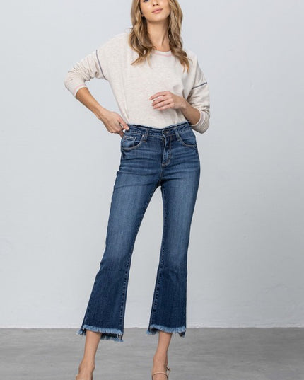 FRAY WAISTBAND DETAIL CROP BOOT CUT JEANS - Sleekdenim.com