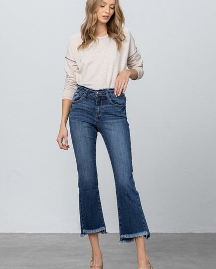 FRAY WAISTBAND DETAIL CROP BOOT CUT JEANS - Sleekdenim.com
