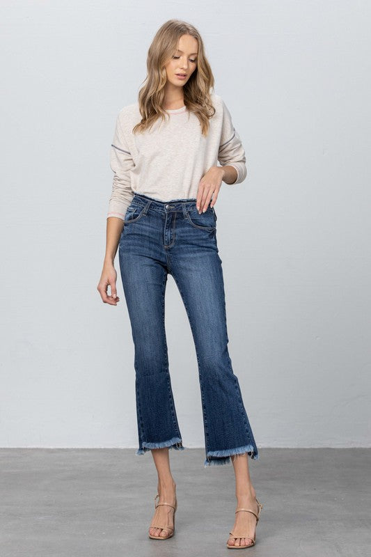 FRAY WAISTBAND DETAIL CROP BOOT CUT JEANS - Sleekdenim.com