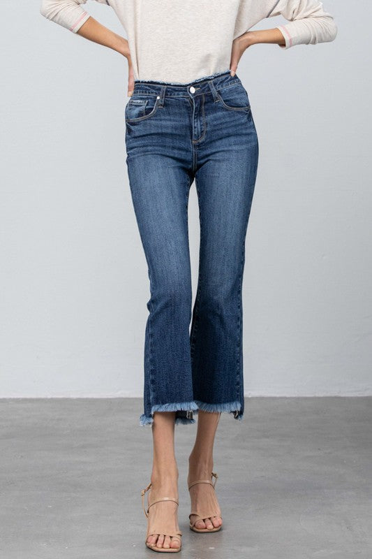 FRAY WAISTBAND DETAIL CROP BOOT CUT JEANS - Sleekdenim.com