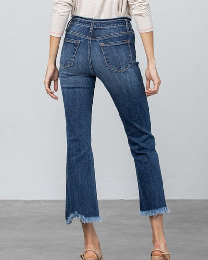 FRAY WAISTBAND DETAIL CROP BOOT CUT JEANS - Sleekdenim.com