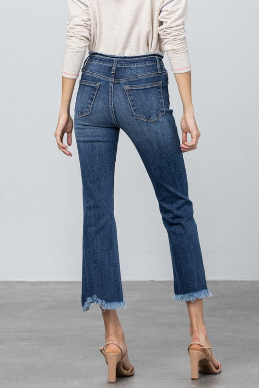 FRAY WAISTBAND DETAIL CROP BOOT CUT JEANS - Sleekdenim.com