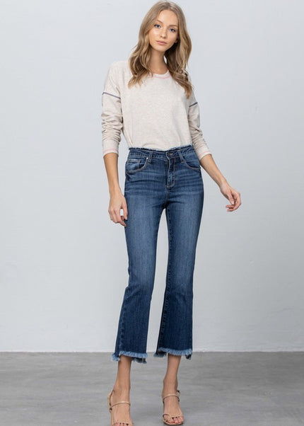 FRAY WAISTBAND DETAIL CROP BOOT CUT JEANS - Sleekdenim.com