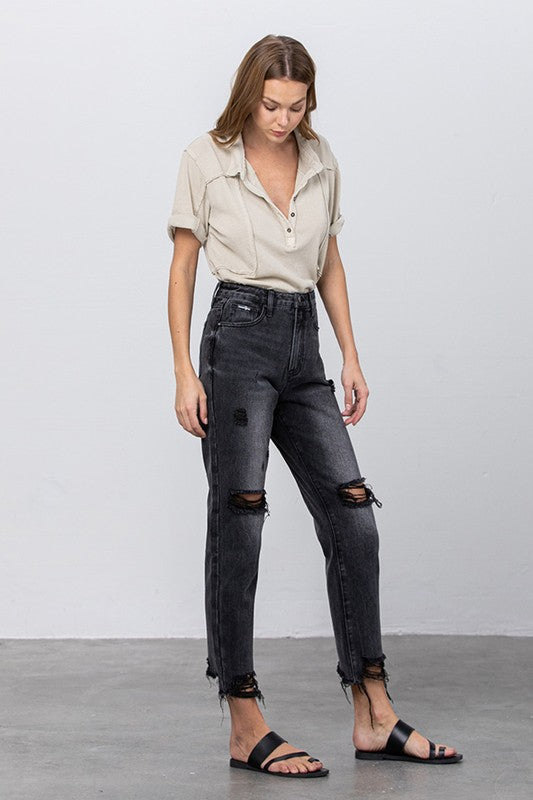 High Rise Ripped Frayed Hem Mom Jeans - Sleekdenim.com