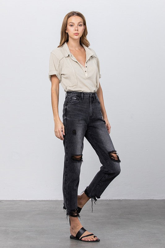 High Rise Ripped Frayed Hem Mom Jeans - Sleekdenim.com