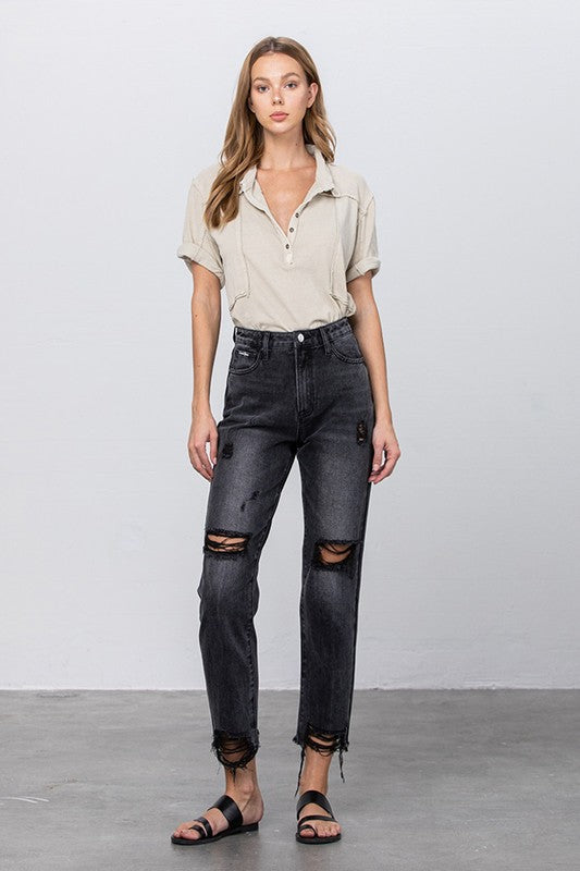High Rise Ripped Frayed Hem Mom Jeans - Sleekdenim.com