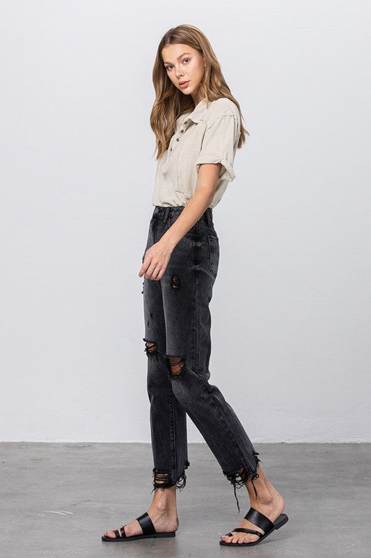 High Rise Ripped Frayed Hem Mom Jeans - Sleekdenim.com