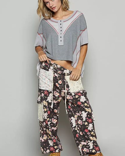 POL Round Neck Short Sleeve Contrast Stitching Top with Back Strap Detail - Sleekdenim.com