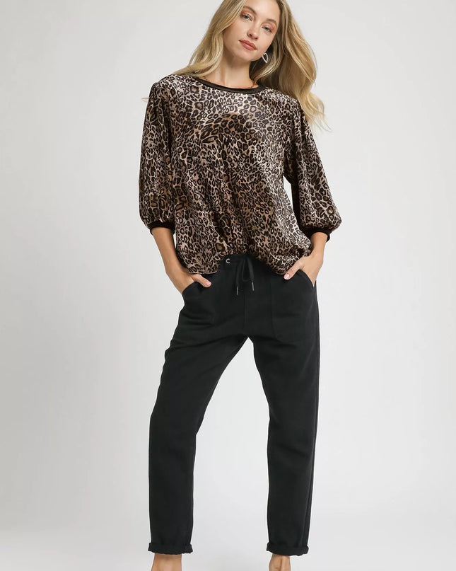 Umgee Leopard Round Neck Three-Quarter Sleeve Blouse - Sleekdenim.com
