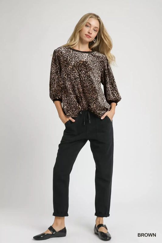 Umgee Leopard Round Neck Three-Quarter Sleeve Blouse - Sleekdenim.com