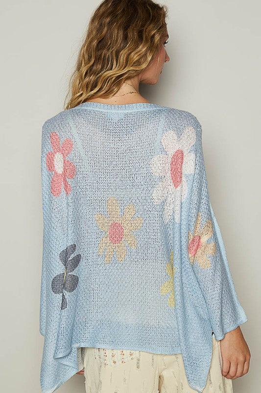 POL Flower Dropped Shoulder Long Sleeve Knit Top.