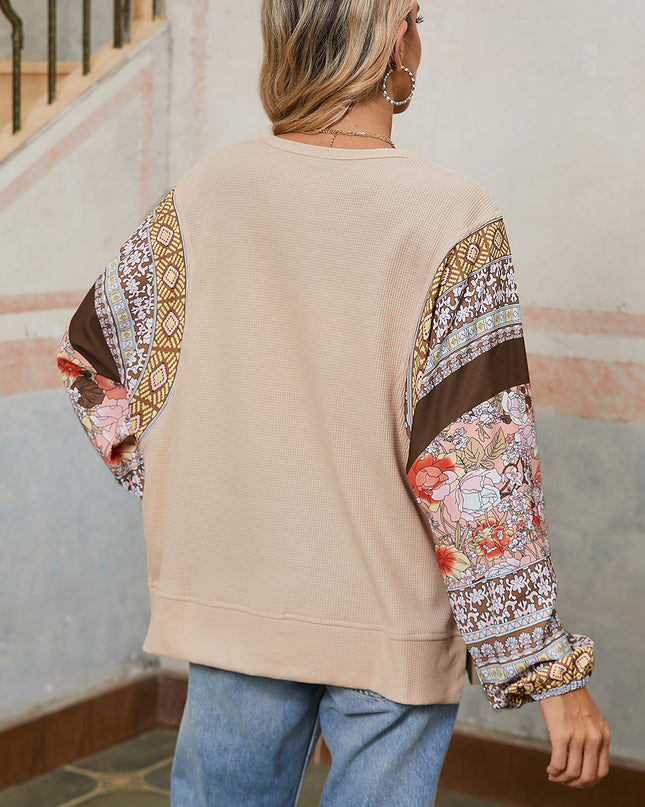 Parchment Floral Patchwork Puff Sleeve Waffle Knit Top - Sleekdenim.com