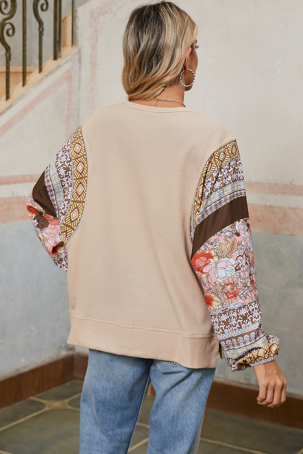Parchment Floral Patchwork Puff Sleeve Waffle Knit Top - Sleekdenim.com