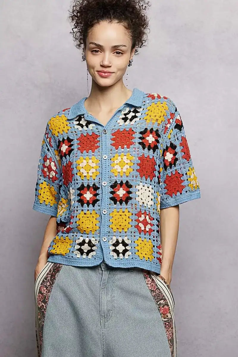 POL Crochet Short Sleeve Relaxed Fit Shirt - Sleekdenim.com