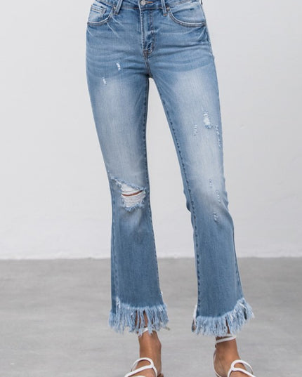 MID RISE LONG BOTTOM FRAYED CROP FLARE - Sleekdenim.com