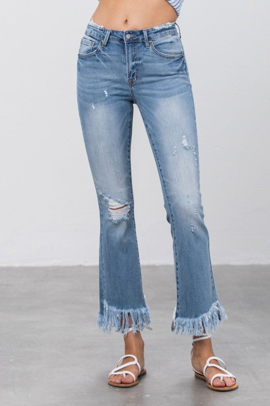 MID RISE LONG BOTTOM FRAYED CROP FLARE - Sleekdenim.com