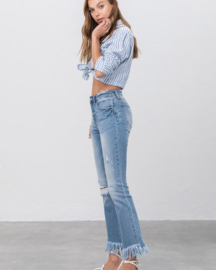 MID RISE LONG BOTTOM FRAYED CROP FLARE - Sleekdenim.com