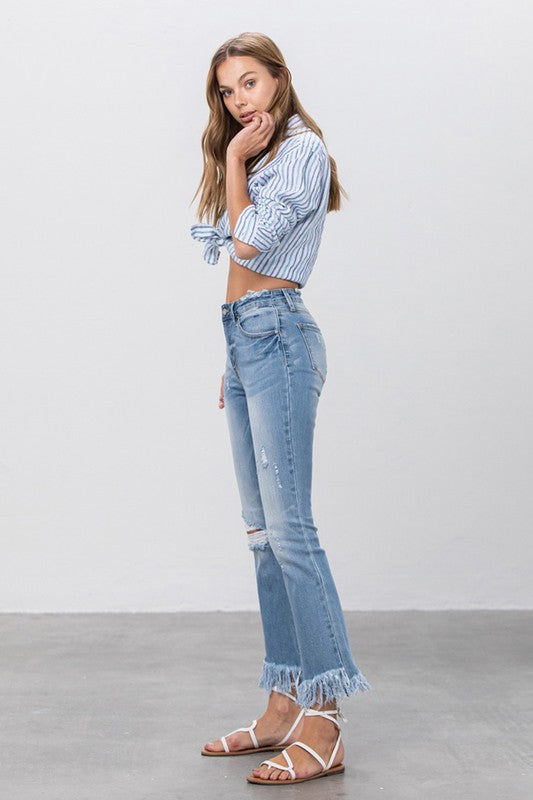 MID RISE LONG BOTTOM FRAYED CROP FLARE - Sleekdenim.com