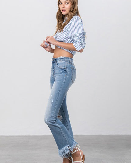 MID RISE LONG BOTTOM FRAYED CROP FLARE - Sleekdenim.com