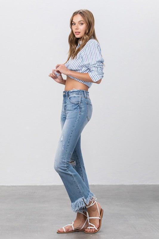 MID RISE LONG BOTTOM FRAYED CROP FLARE - Sleekdenim.com