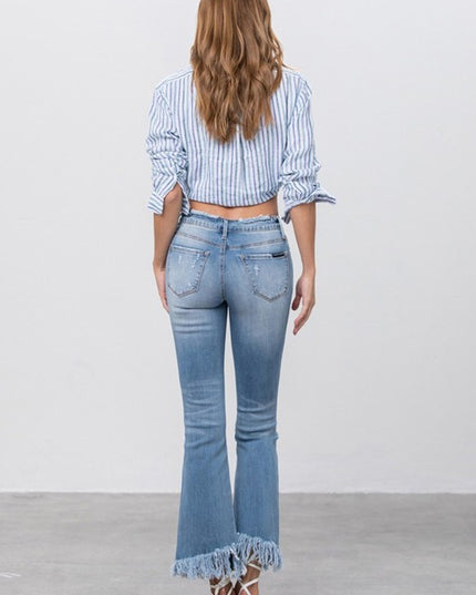 MID RISE LONG BOTTOM FRAYED CROP FLARE - Sleekdenim.com