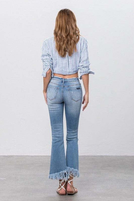 MID RISE LONG BOTTOM FRAYED CROP FLARE - Sleekdenim.com