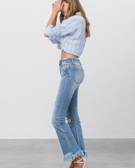 MID RISE LONG BOTTOM FRAYED CROP FLARE - Sleekdenim.com