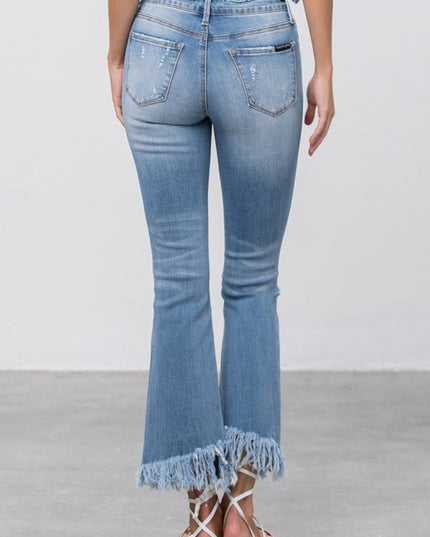 MID RISE LONG BOTTOM FRAYED CROP FLARE - Sleekdenim.com
