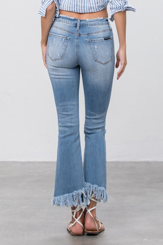 MID RISE LONG BOTTOM FRAYED CROP FLARE - Sleekdenim.com