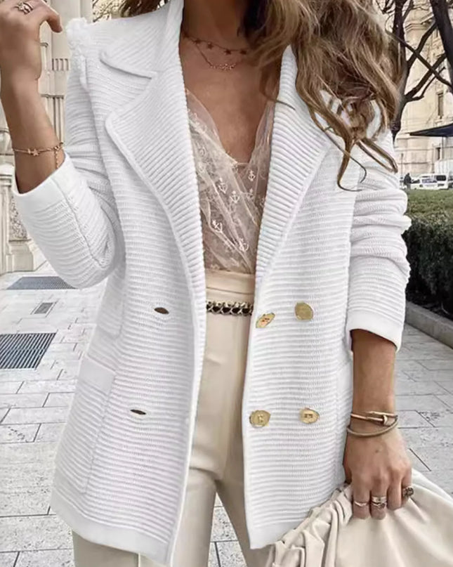 Texture Knit Double-Breasted Blazer - Sleekdenim.com