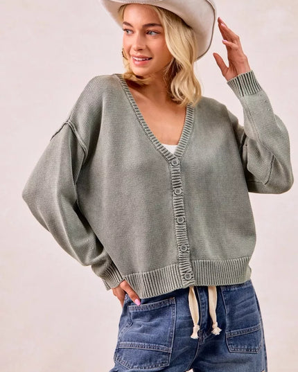 BiBi Washed Sweater V Neck Cardigan - Sleekdenim.com