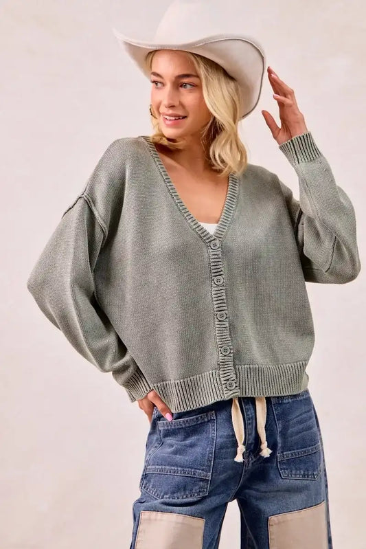 BiBi Washed Sweater V Neck Cardigan - Sleekdenim.com