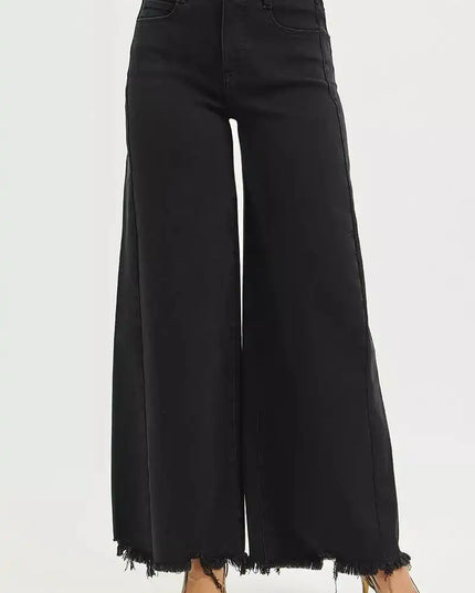 RISEN Tummy Control High Rise Palazzo Leg Frayed Hem Jeans - Sleekdenim.com