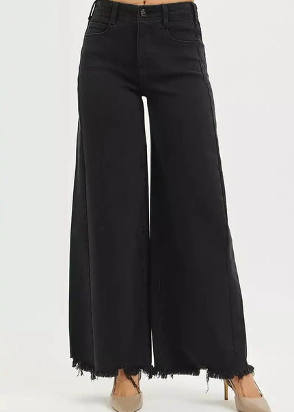 RISEN Tummy Control High Rise Palazzo Leg Frayed Hem Jeans - Sleekdenim.com