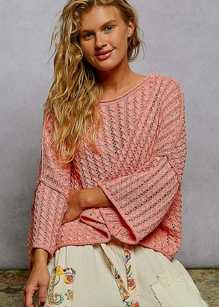 POL Cable-Knit Openwork Round Neck Cropped Sweater - Sleekdenim.com